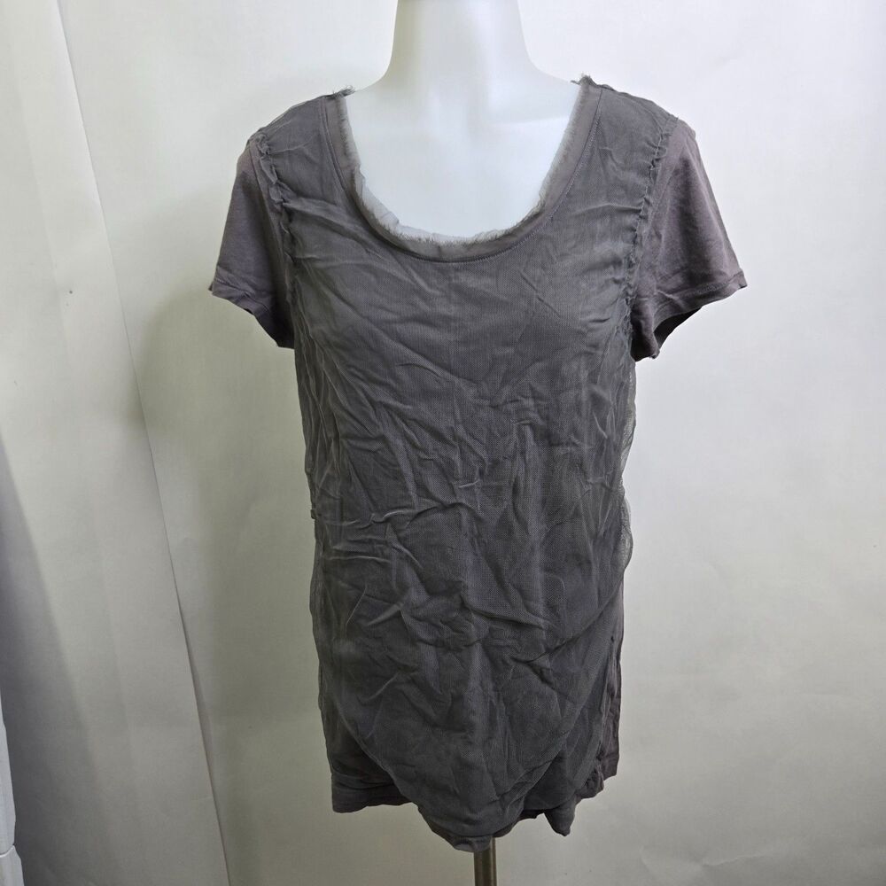 LOFT Ann Taylor Gray Mesh Front Overlay Tee Top M Short Sleeve Cotton Blouse